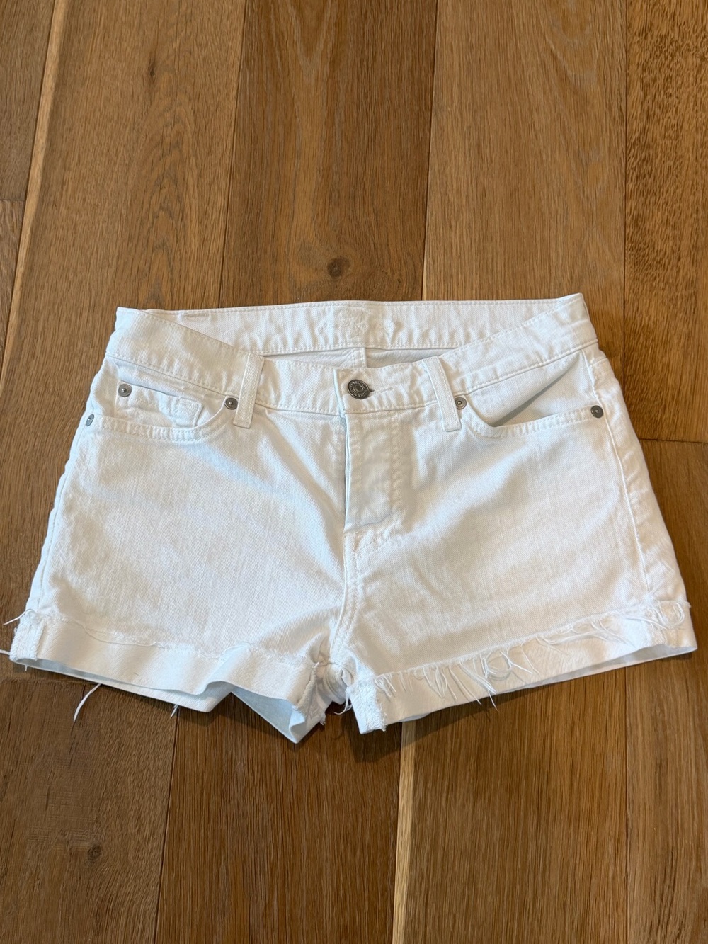 7 For All Mankind White Denim Cutoff Shorts Size 24 Stretch Raw Hem